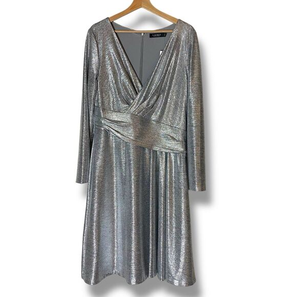 NWT Ralph Lauren Sz 14 Long Sleeve Cocktail Dress Metallic Silver Gray Faux Wrap - Picture 7 of 10